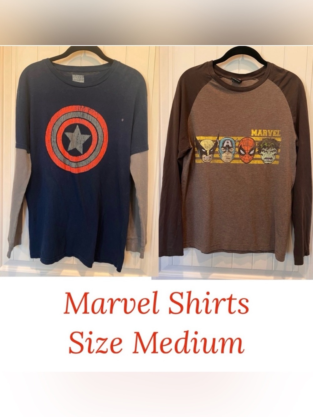 MAD Engine Marvel & Captain America Shield Tshirts, Both Medium Thrashed